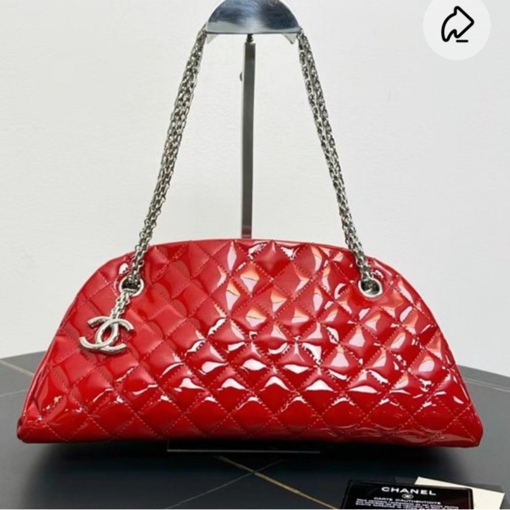 CHANEL Just Mademoiselle Quilted Patent Leather Bowling Bag | Red| Authentic